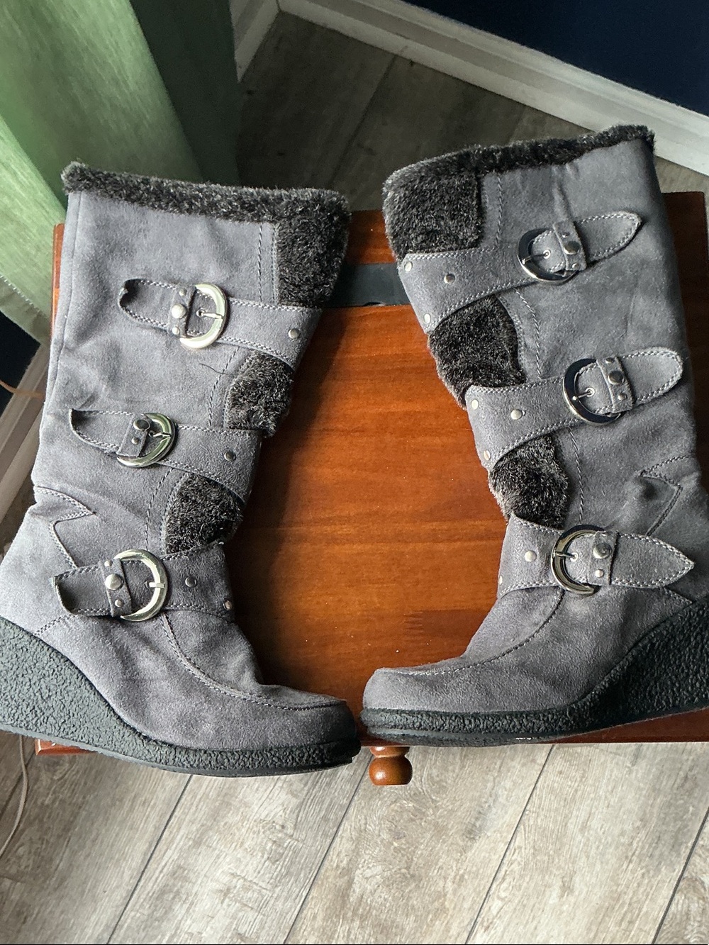 Traffic Gray Suede Mid-Calf Buckle Wedge Boots